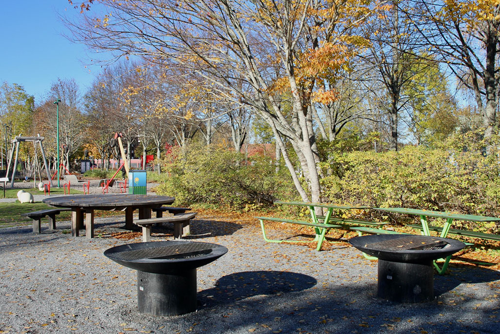 Foto på en del av Linbaneparken. I bilden syns två grillar och ett stort träbord med bänkar. De står på en grusyta. I bakgrunden syns gröna bänkbord.  