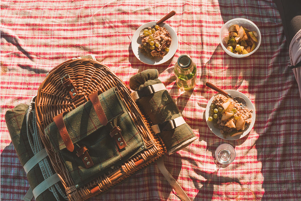 Foto på en picknickfilt med mat och en väska. 