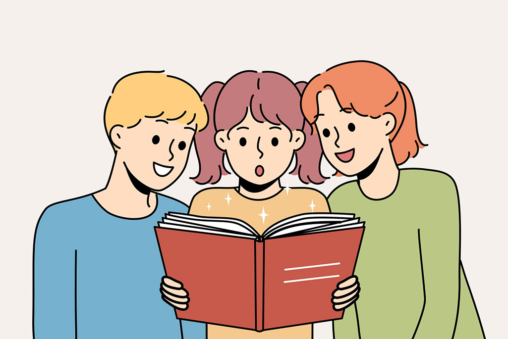 En illustration av tre barn som läser en bok tillsammans.